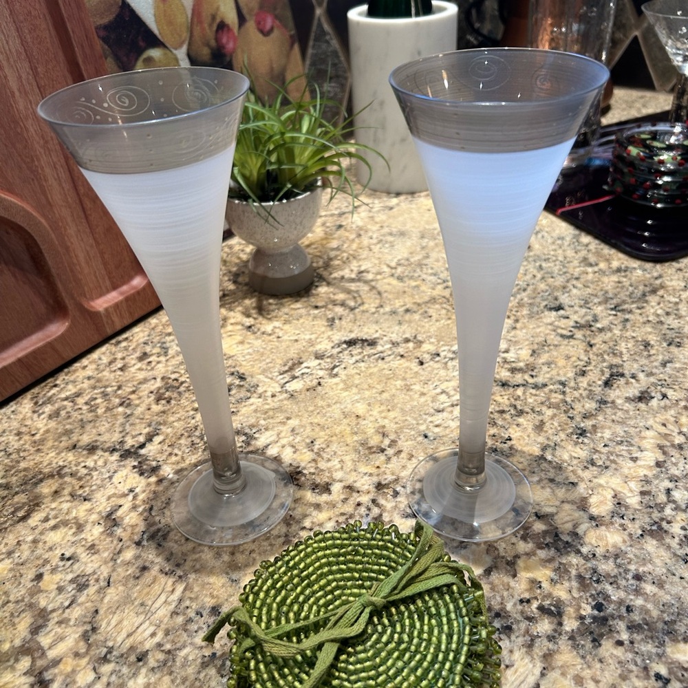 Elegant Frosted White and Gray Champagne Flutes . Set of six coasters included!